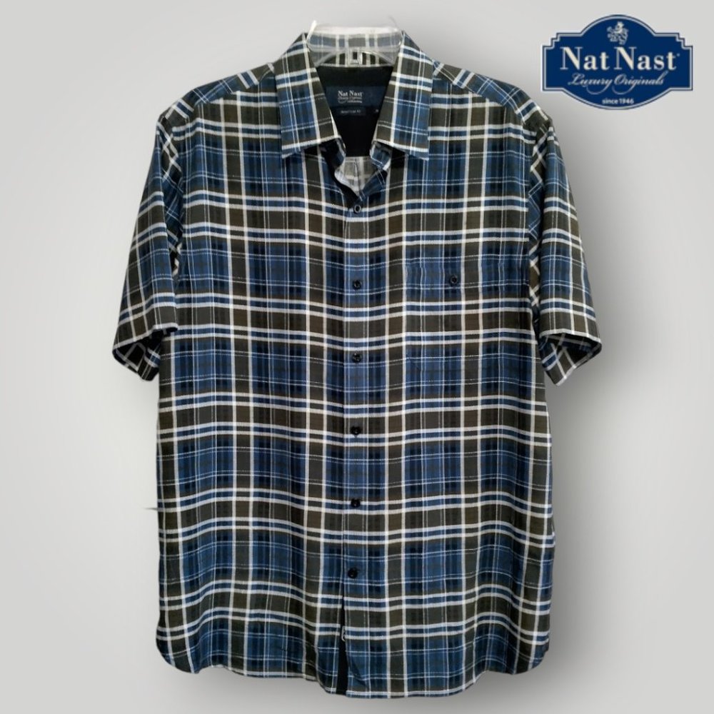 NAT NAST Luxury Originals American Fit Blue Steel Combo Plaid 100% Silk Shirt M